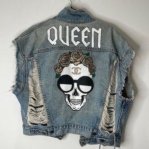 Levi’s denim cutoff Jean jacket - vintage - custom made - Chanel logo - queen